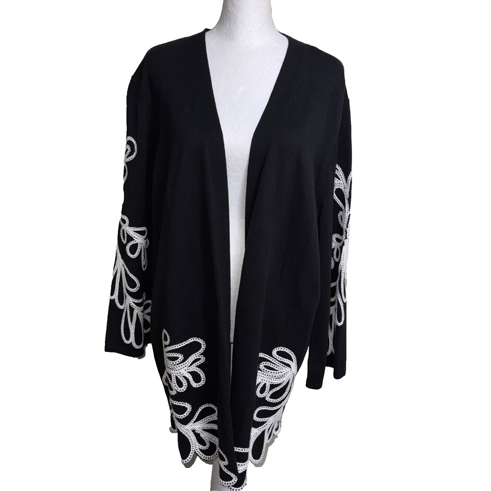 Chico's Black Open Front Cardigan with White Crochet Trim